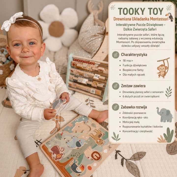 Dźwiękowe puzzle drewniane Safari Tooky Toy - Edukacyjna zabawka 18m+
