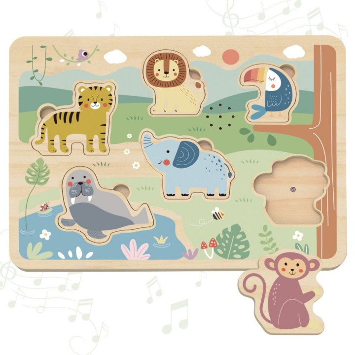 Dźwiękowe puzzle drewniane Safari Tooky Toy - Edukacyjna zabawka 18m+