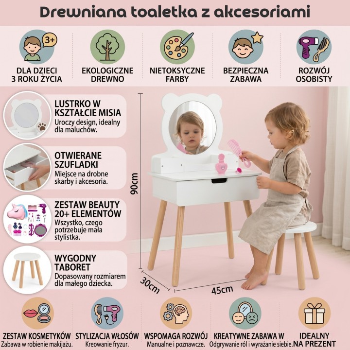 Duża biała toaletka z akcesoriami Viga - zestaw dla dziewczynek małe