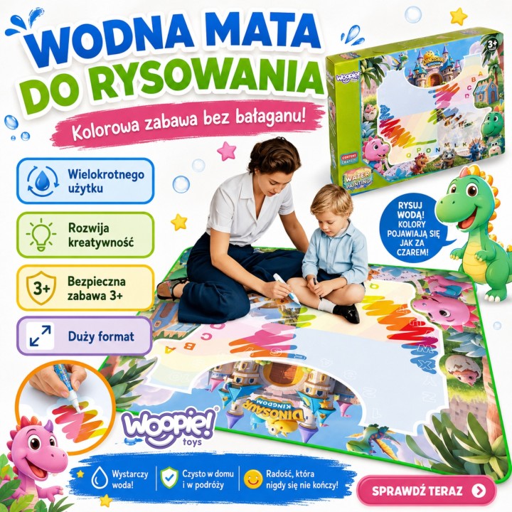 Mata wodna dinozaur do malowania Woopie - magiczna i bez brudzenia