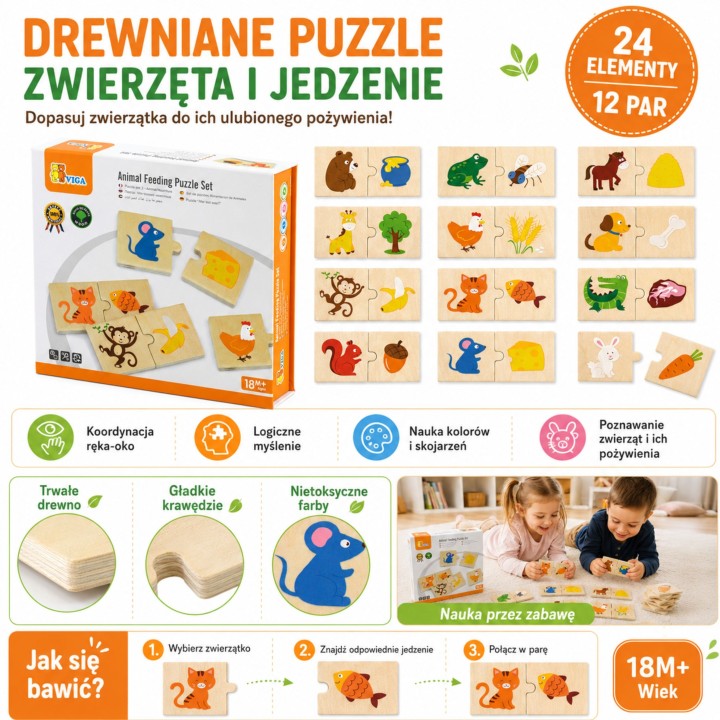 Wooden Puzzle Feed the Animal VIGA Educational Puzzle - 10 Pairs!