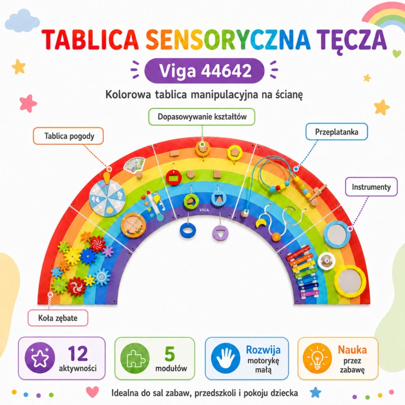 VIGA Drewniana Tablica Sensoryczno-Manipulacyjna EDU Tęcza Certyfikat FSC