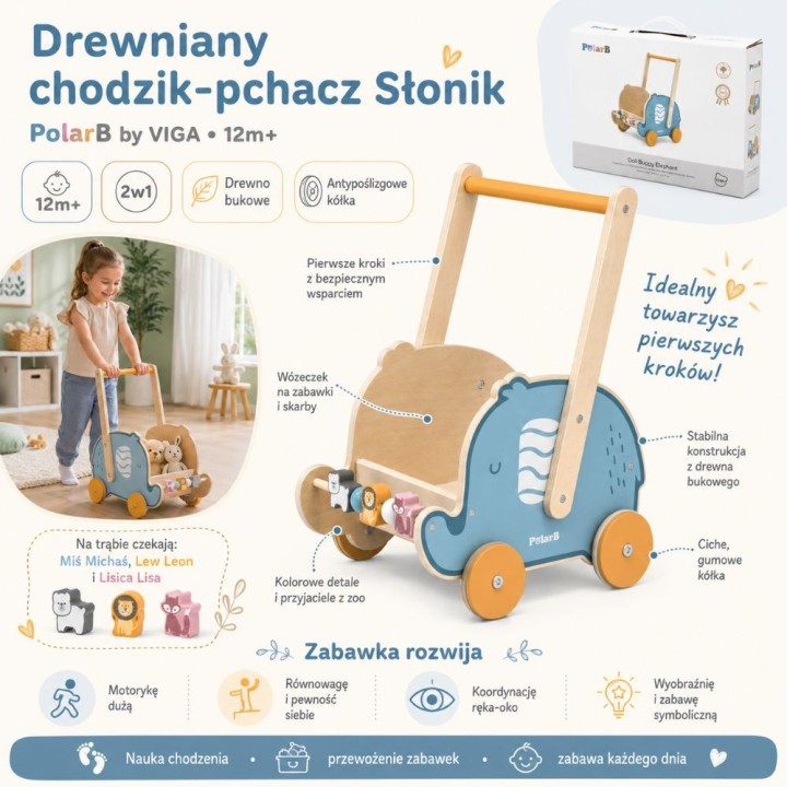 VIGA PolarB Wooden 2-in-1 Stroller, Walker, Elephant for Children