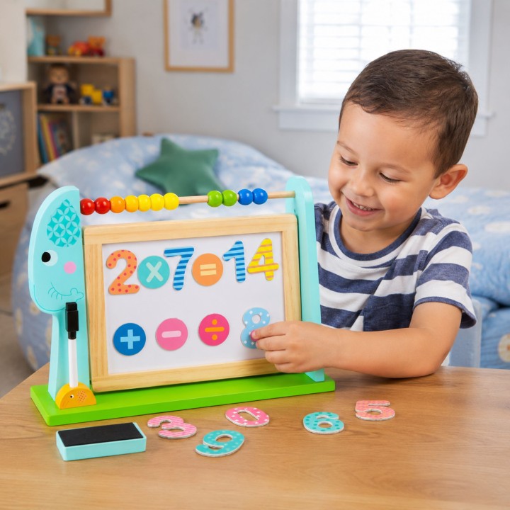Standing Elephant 2-in-1 educational board with abacus and magnets - Tooky Toy
