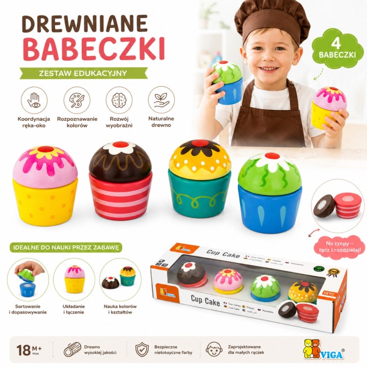 Viga Drewniane Ciasteczka Babeczki 4szt - Zestaw dla Dzieci