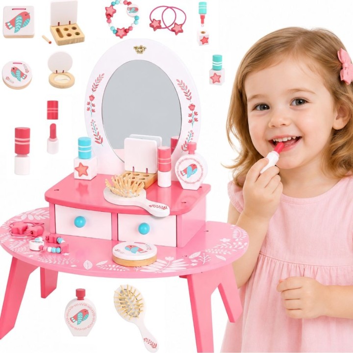 Różowa drewniana toaletka TOOKY TOY - zestaw z lustrem