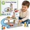 WOOPIE GREEN Drewniany Parking Piętrowy 2w1 Stacja Benzynowa z Autkami i Figurkami 12 el. FSC