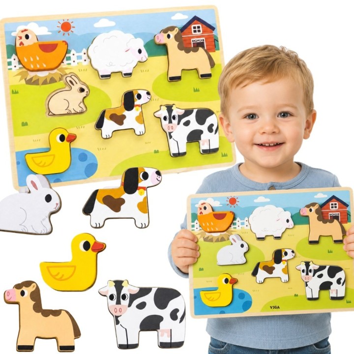 VIGA Drewniane Puzzle 2w1 Farma - Układanka Montessori dla Dzieci