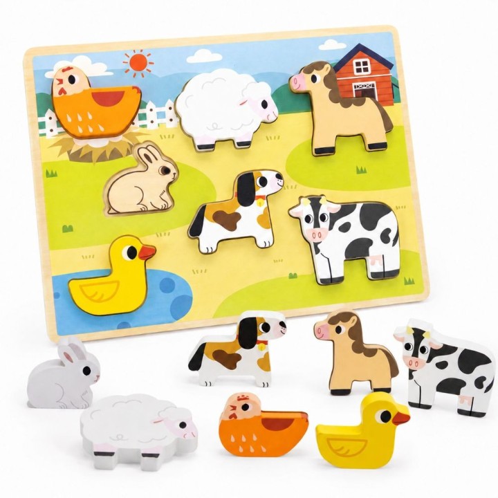 VIGA Drewniane Puzzle 2w1 Farma - Układanka Montessori dla Dzieci