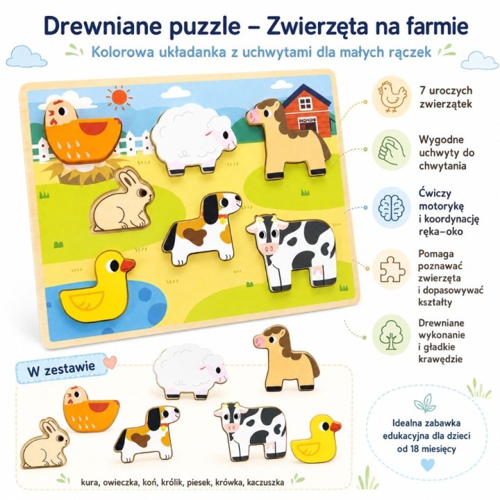 VIGA Drewniane Puzzle 2w1 Farma - Układanka Montessori dla Dzieci