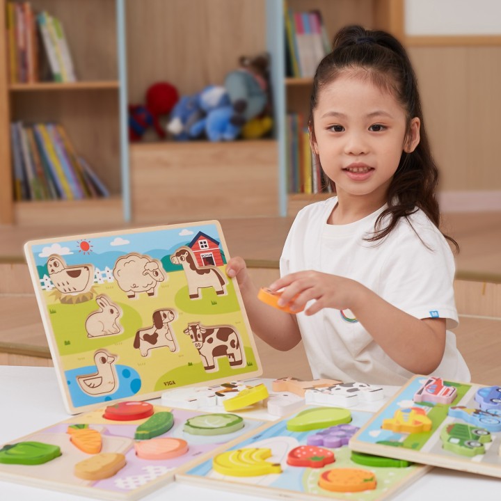 VIGA Drewniane Puzzle 2w1 Farma - Układanka Montessori dla Dzieci