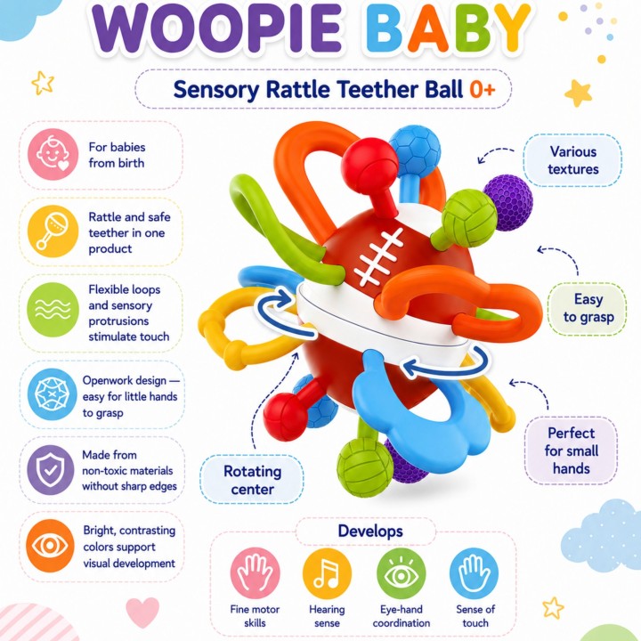 WOOPIE Grzechotka Gryzak Sensoryczny Piłka dla Niemowląt 0+