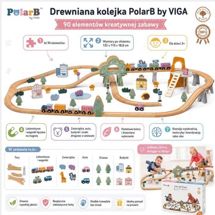 VIGA PolarB wooden train set 90 pieces - track for children