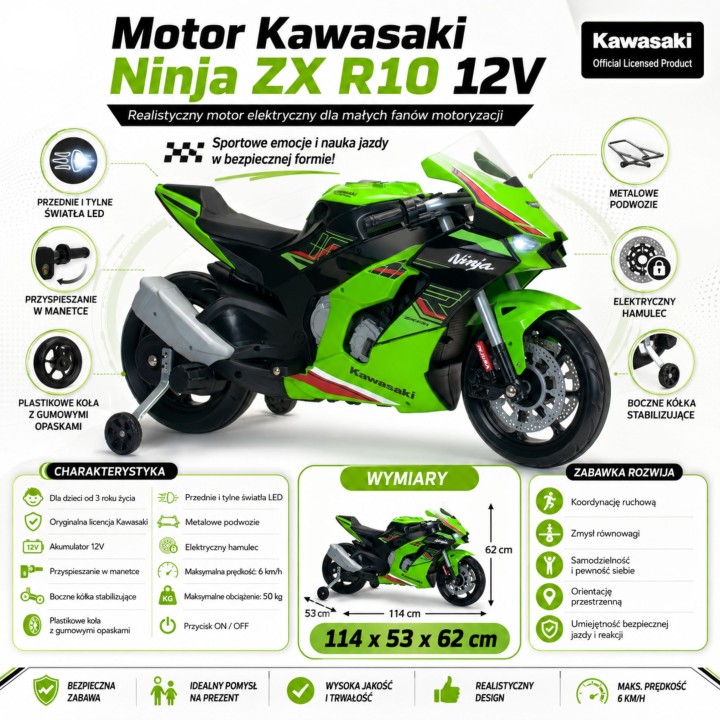 Motor Kawasaki Ninja ZX R10 12V Injusa - Sportowy ścigacz dla dzieci!