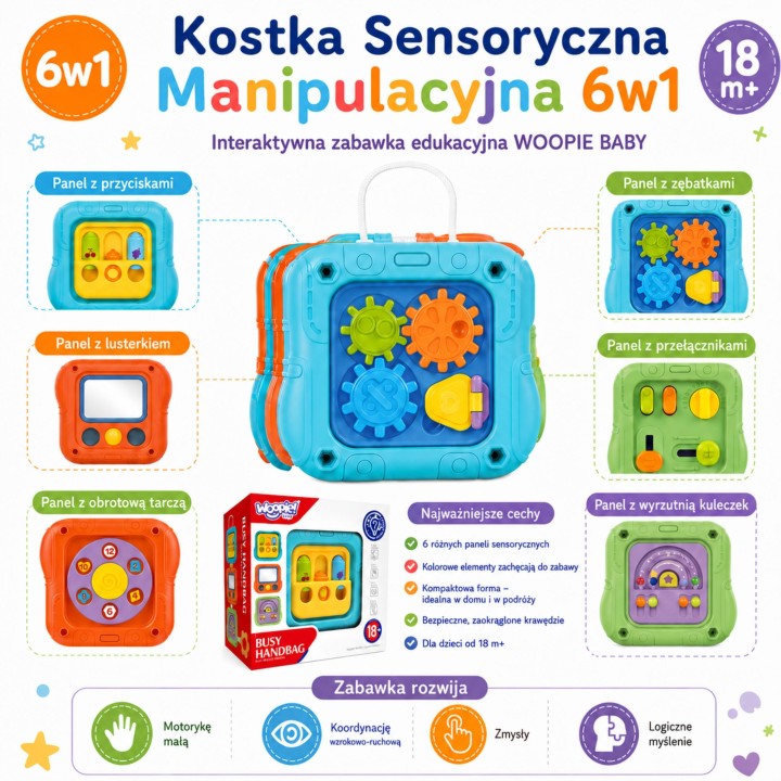 WOOPIE BABY Kostka Sensoryczna  6w1 Edukacyjna Zabawka Interaktywna