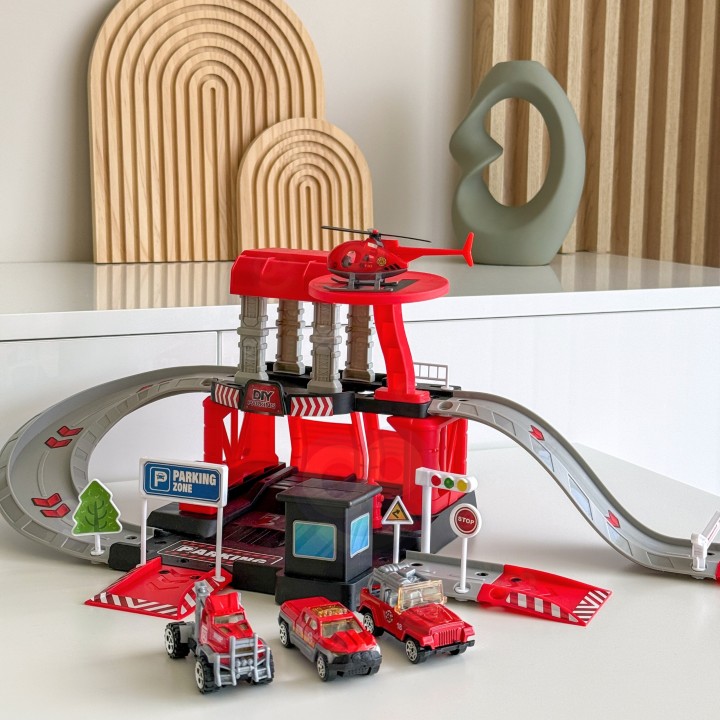 Fire truck parking lot with cars and a helicopter - Woopie kids toy