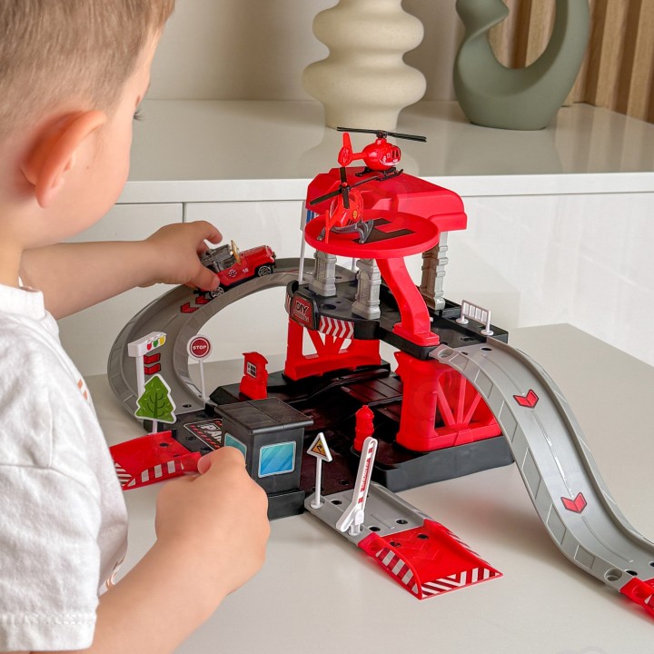 Fire truck parking lot with cars and a helicopter - Woopie kids toy