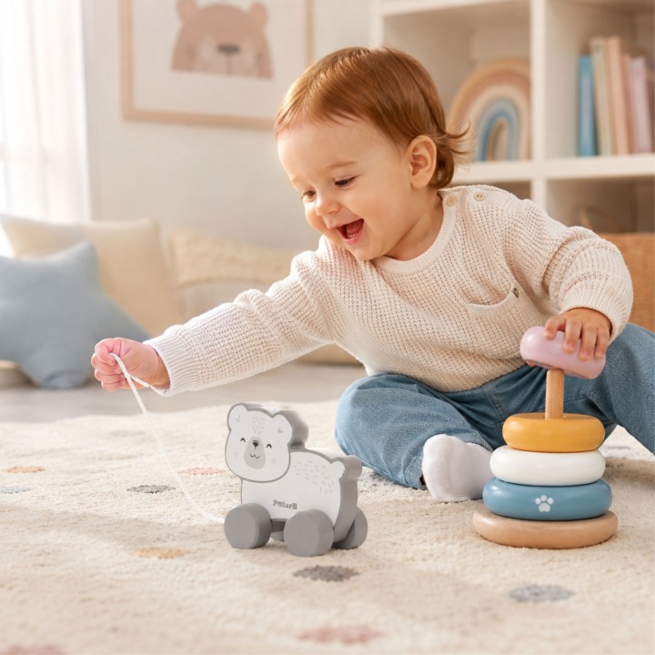 VIGA PolarB Polar Bear Set - Wooden Pyramid and Teddy Bear