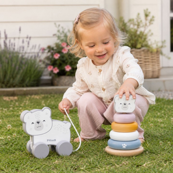 VIGA PolarB Polar Bear Set - Wooden Pyramid and Teddy Bear