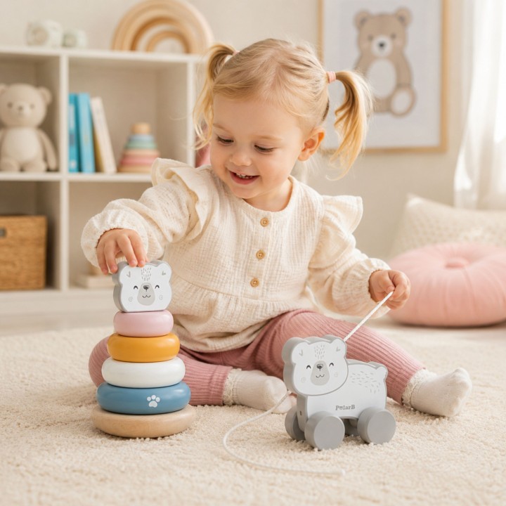 VIGA PolarB Polar Bear Set - Wooden Pyramid and Teddy Bear