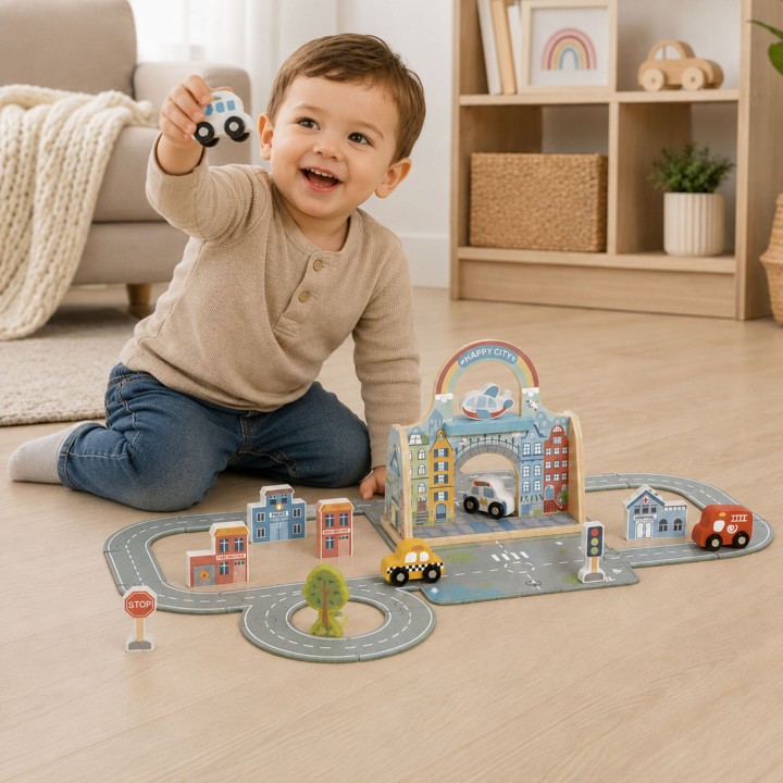 Mini Miasto Tooky Toy - Drewniane Miasto w Przenośnej Torbie