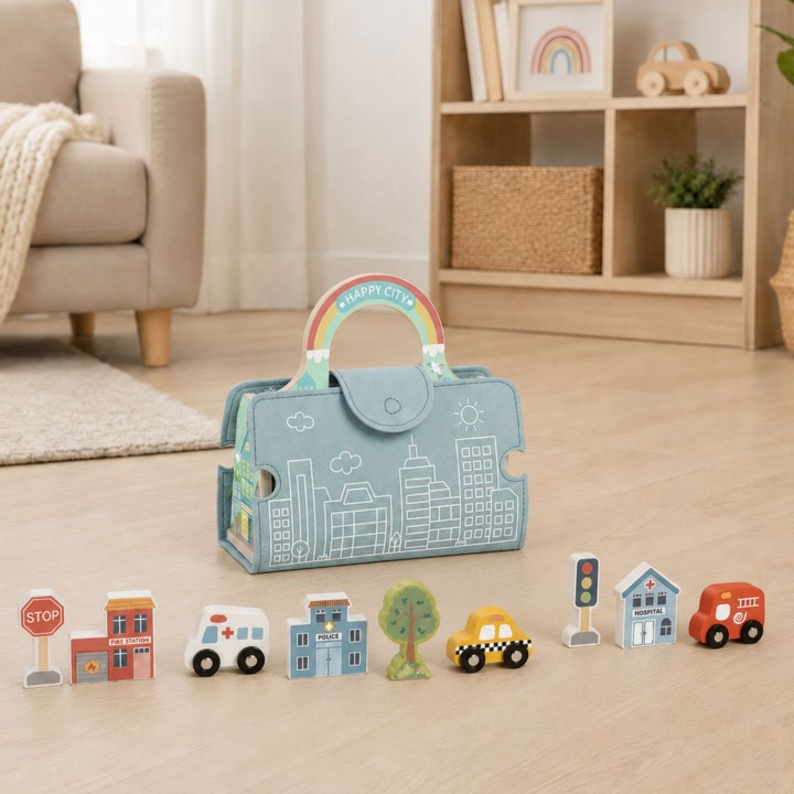 Tooky Toy Mini City - Wooden City in a Portable Bag