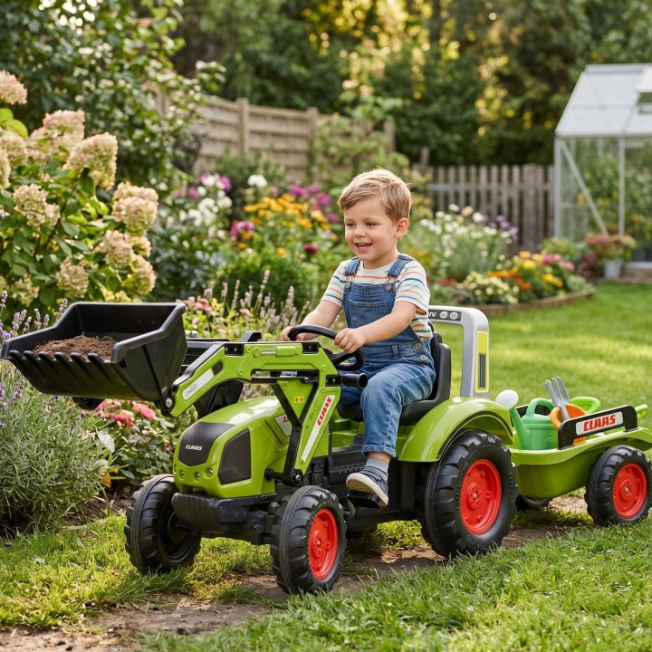 FALK Green CLAAS Pedal Tractor with Bucket and Trailer 3+