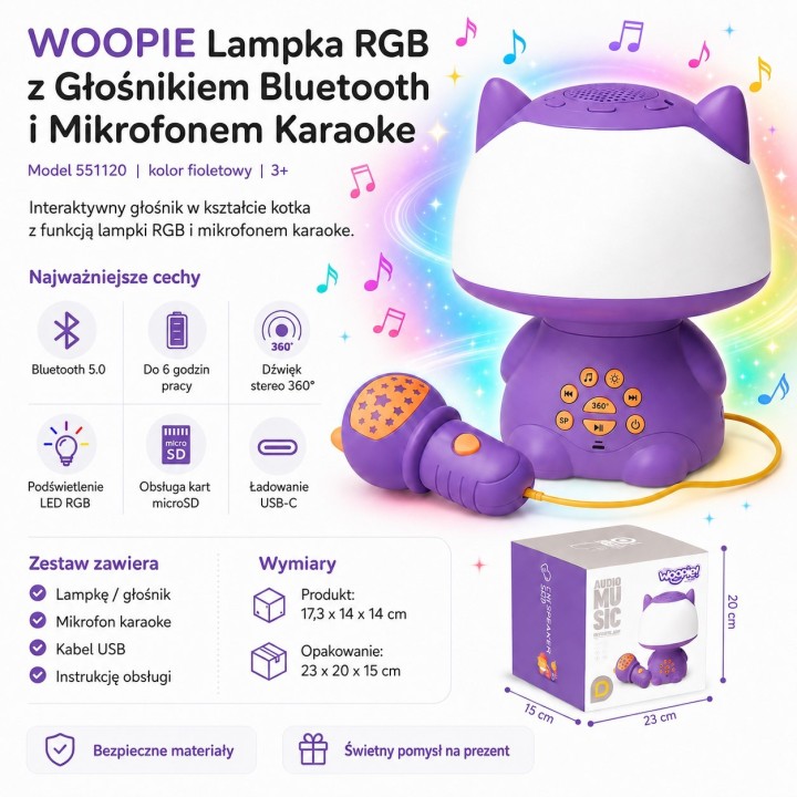 WOOPIE Multifunkcyjna Lampka RGB z Głośnikiem Bluetooth Fioletowa