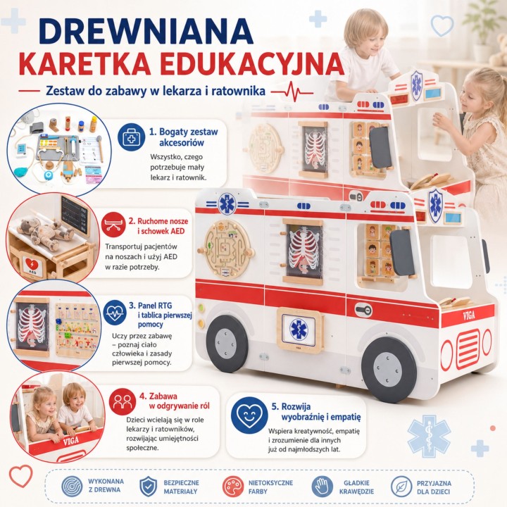 Zabawkowy Drewniany Ambulans z Akcesoriami WOOPIE - Edukacyjna Karetka