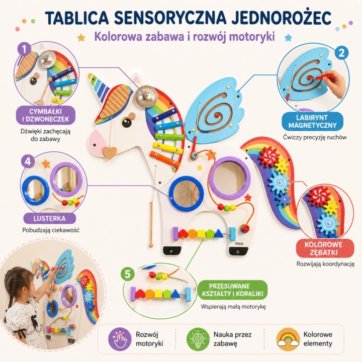Tablica sensoryczna Jednorożec Montessori drewniana edukacyjna! Viga