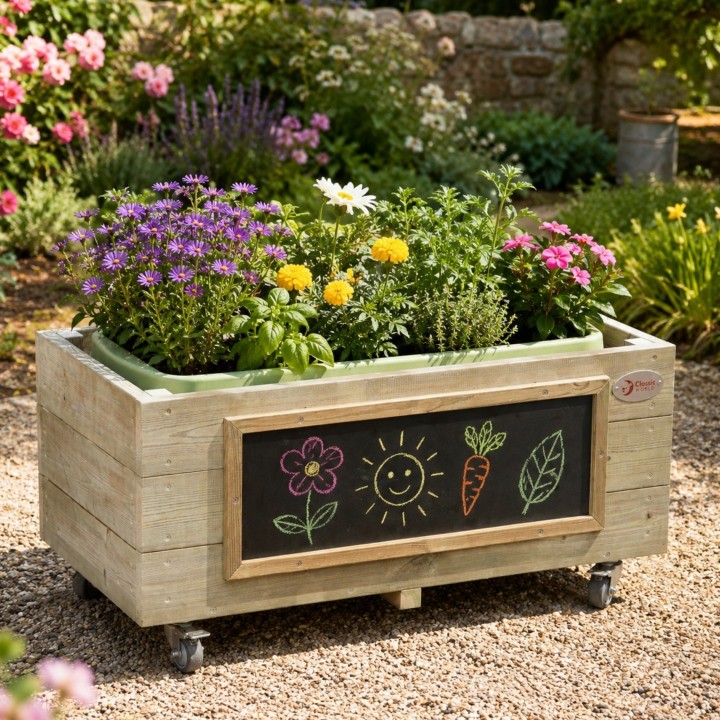Classic World Wooden Flower Pot for Children on Wheels