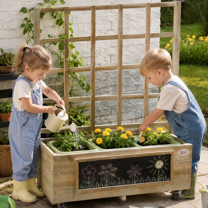 Classic World Wooden Flower Stand on Wheels Trolley with Board