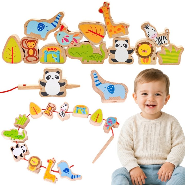 Wooden Threading Blocks ZOO Classic World - 13 pcs.