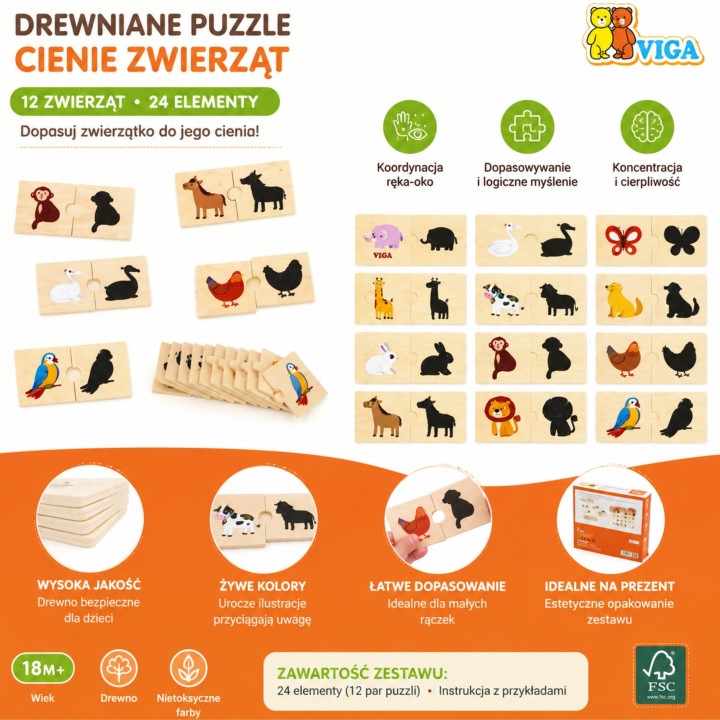 VIGA Wooden Animal Puzzle - Match Shadow Puzzle