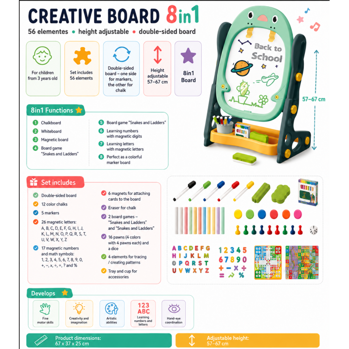 WOOPIE Double-Sided Magnetic Board - Drawing and Learning 56 pcs.