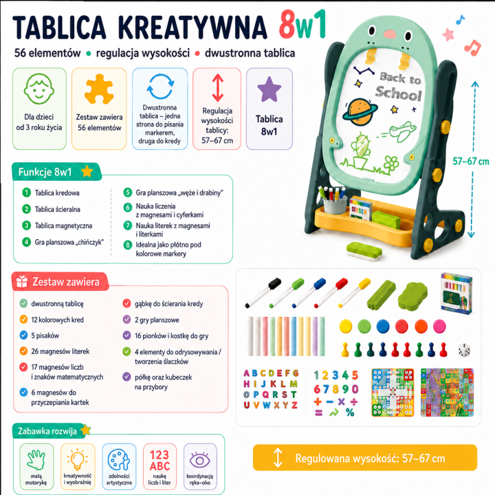 Dwustronna Tablica Magnetyczna WOOPIE - Rysowanie i Nauka 56 el.