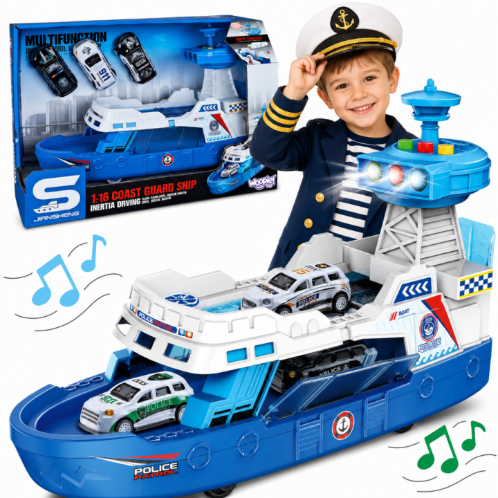 WOOPIE Police Patrol Boat 1:16 + 3 Cars - Interactive Toy