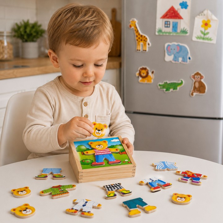 Viga Drewniane Puzzle Ubierz Misia Chłopca 18 el. - Zabawka Edukacyjna