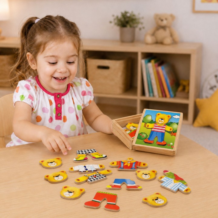 Viga Drewniane Puzzle Ubierz Misia Chłopca 18 el. - Zabawka Edukacyjna