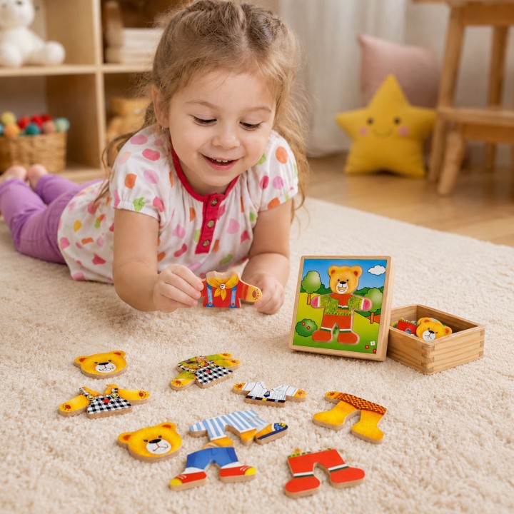 Viga Drewniane Puzzle Ubierz Misia Chłopca 18 el. - Zabawka Edukacyjna
