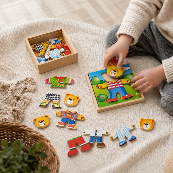 Wooden Puzzle Dress Up the Teddy Bear Boy VIGA - Educational Fun