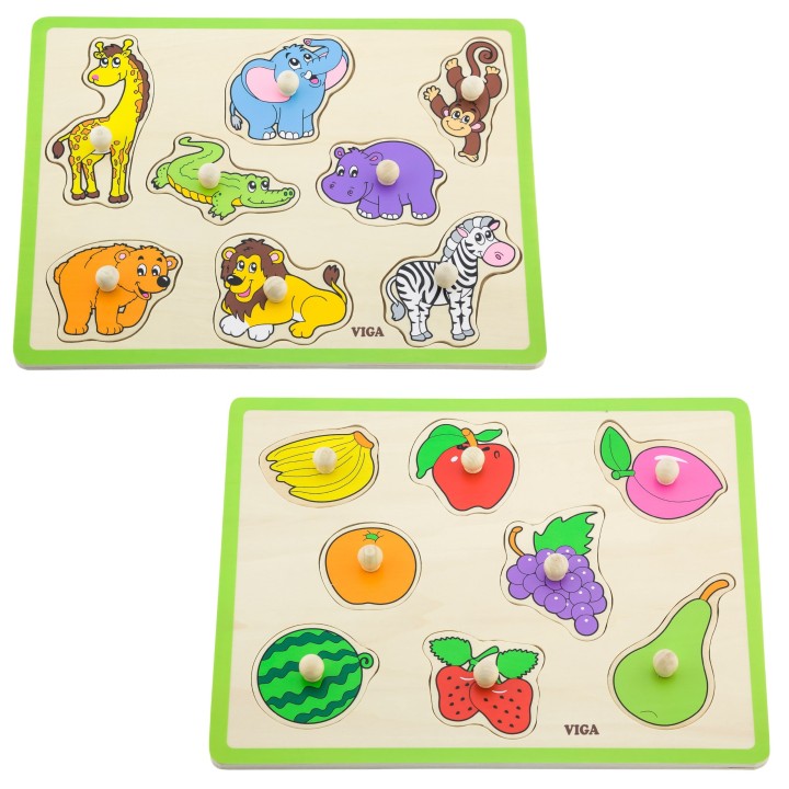 Drewniane puzzle z uchwytami VIGA - zestaw z półką 18m+