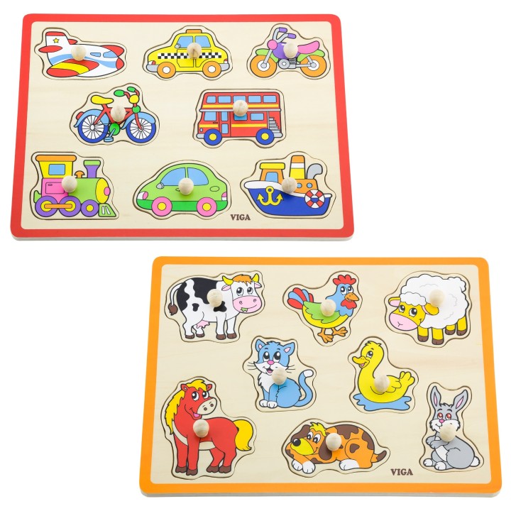 Drewniane puzzle z uchwytami VIGA - zestaw z półką 18m+