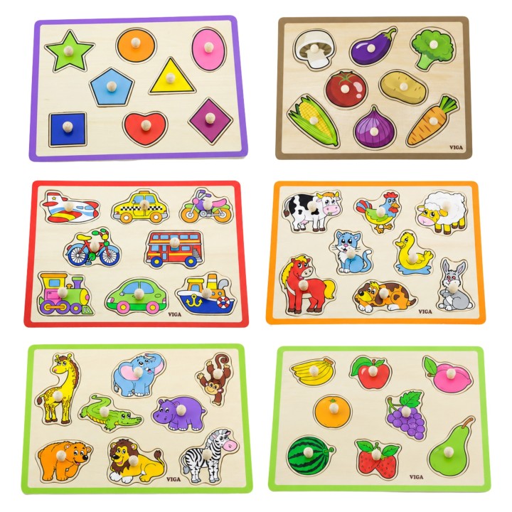 Drewniane puzzle z uchwytami VIGA - zestaw z półką 18m+