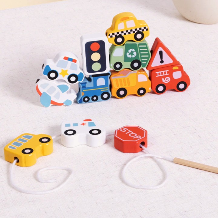 Wooden threading toy Transport Woopie Green - 13 pcs.