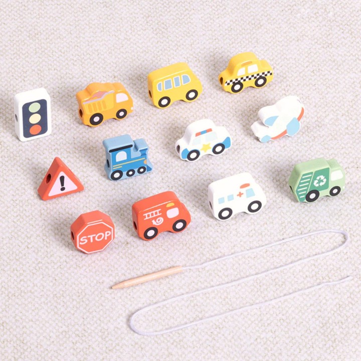 Wooden threading toy Transport Woopie Green - 13 pcs.