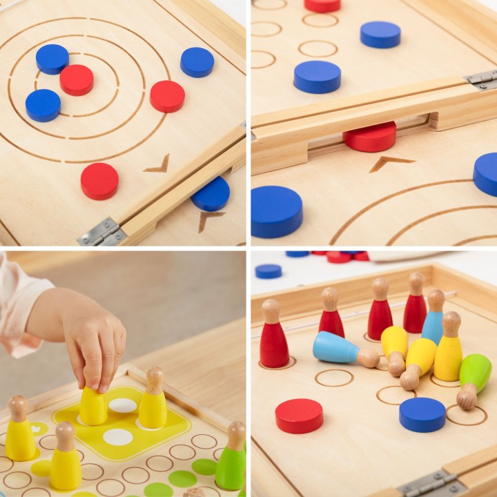 VIGA Drewniana gra zręcznościowa 4w1 Hokej stołowy Curling Bowling Ludo