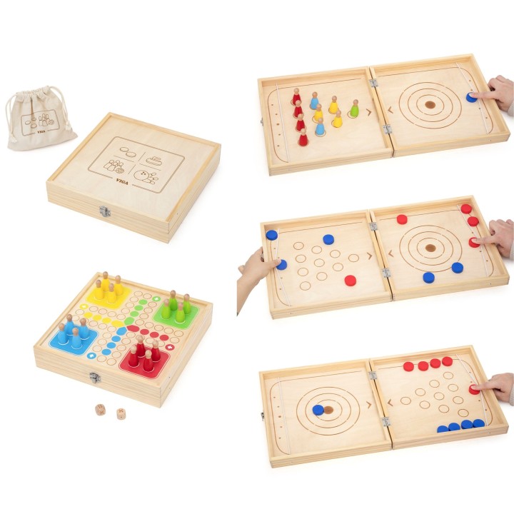 VIGA Wooden 4-in-1 Arcade Game Table Hockey Curling Bowling Ludo
