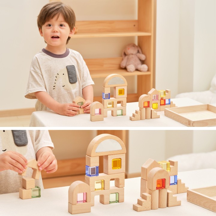 VIGA Wooden Blocks with Colored Windows 32 pcs.