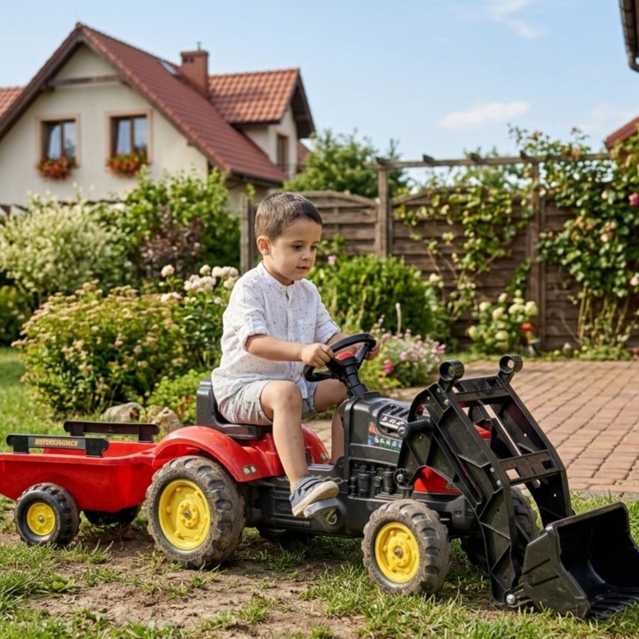 Traktor-Koparka Supercharger Czerwona z Przyczepą Falk - Od 2 Lat